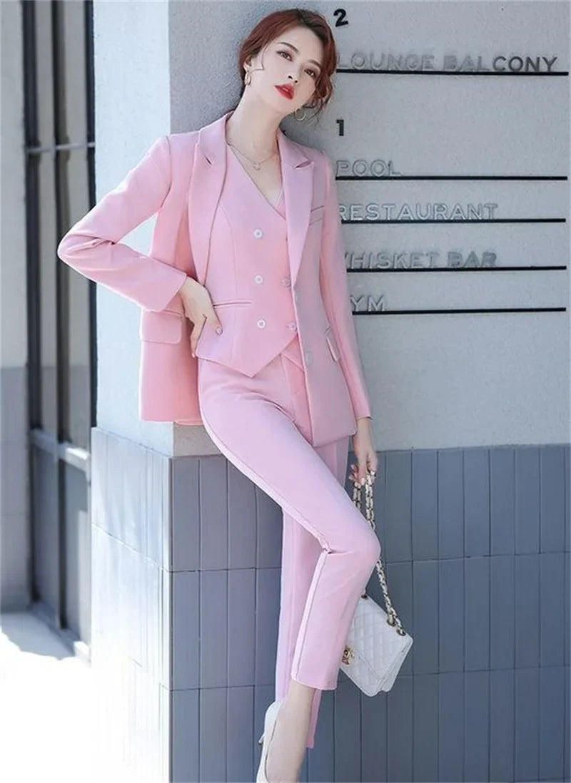 Lady Solid Lapel Blazer Suit Full Sleeve V-neck Single Breasted Straight Leg Pants Suits 2026 Fashion New Office Commute Outfit