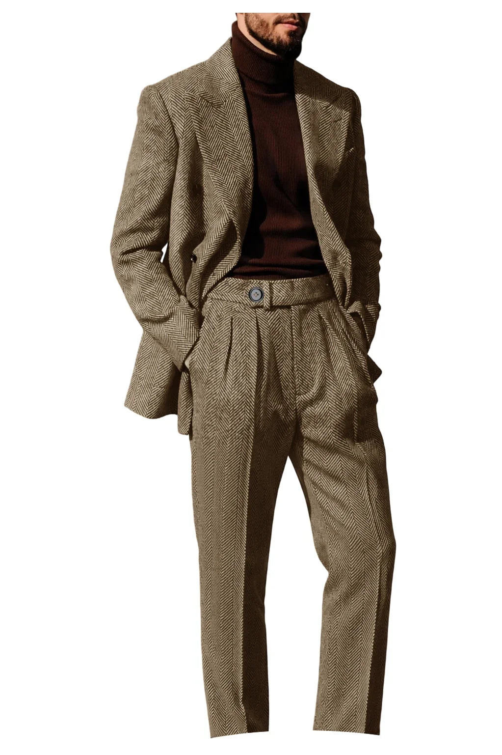 Men's Herringbone Suit 2-Piece Set – Double Breasted Blazer & Trousers for Wedding & Business