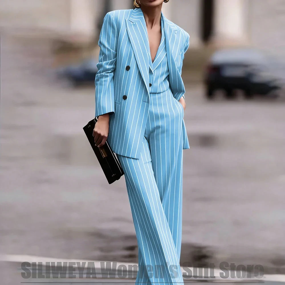 Navy Women's Striped 3 Piece Suit Double Breasted Blazer Vest Wide-Leg Pants Set Fashion Formal Party Office Casual Outfit