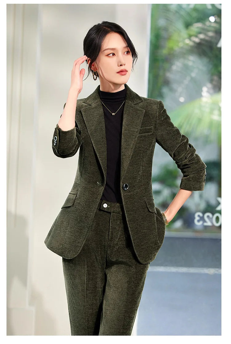 2024 Autumn New Corduroy Elegant Pant Suit Ladies Formal Business Work Wear 2 Piece Set Green Wine Jacket Blazer And Trouser