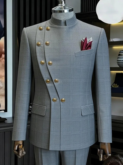 Men's Mandarin Collar Plaid Blazer, Slim Fit Asymmetric Double Breasted Buttons Suit Jacket Formal Wedding Business Outerwear