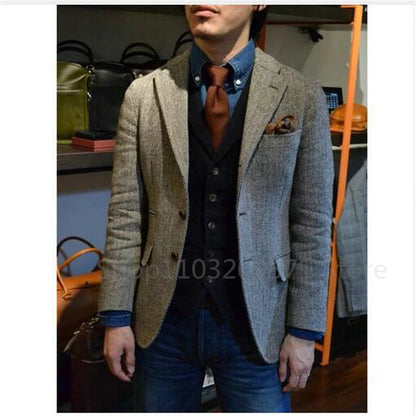 Men's Wool Tweed Blazer – Single Breasted Suit Jacket for Men | Herringbone | Formal & Wedding