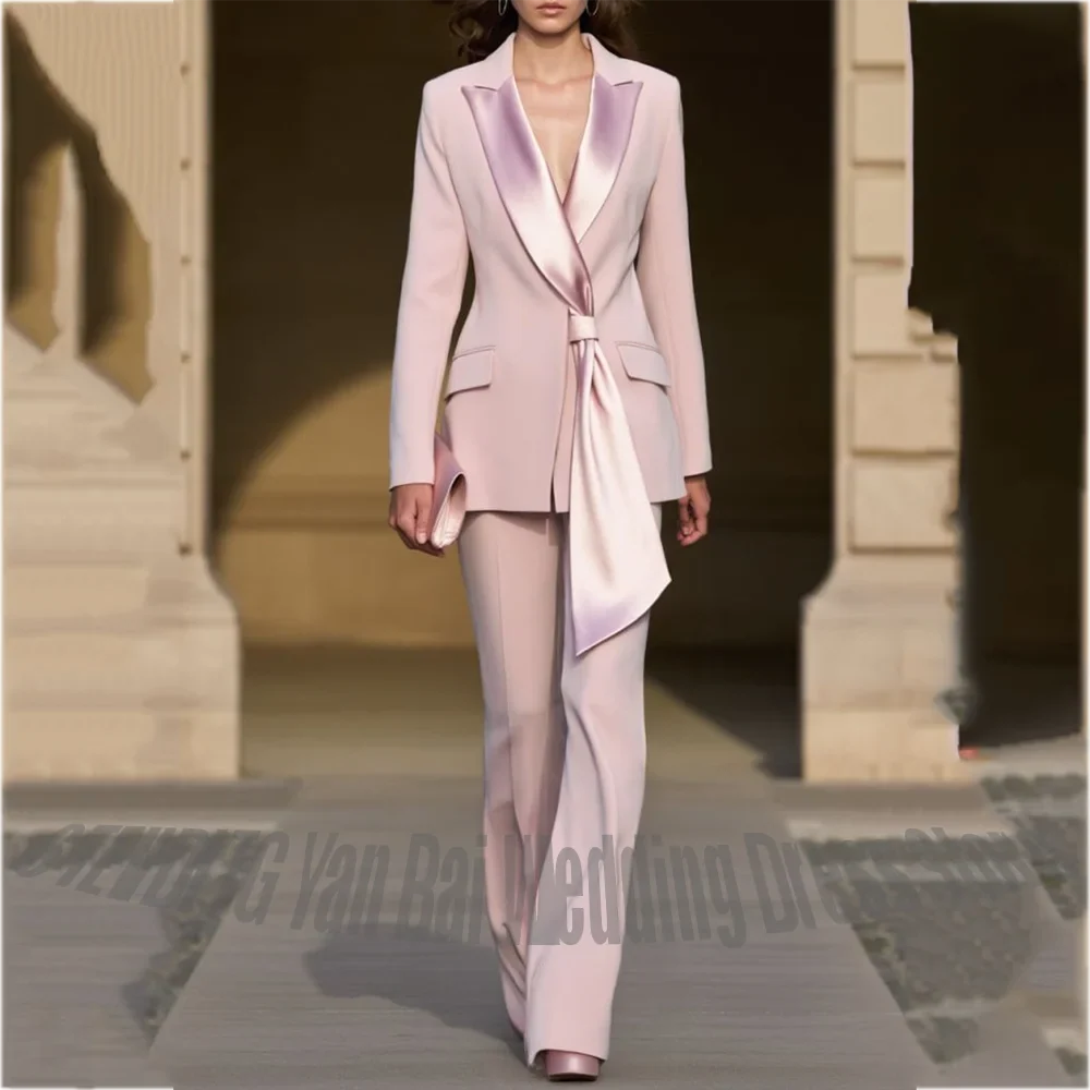 High Quality Women Suit Satin Lapel Peak Regular Fit Blazer Pants Two Pieces Set Evening Party Wedding Suit Chic Outfits