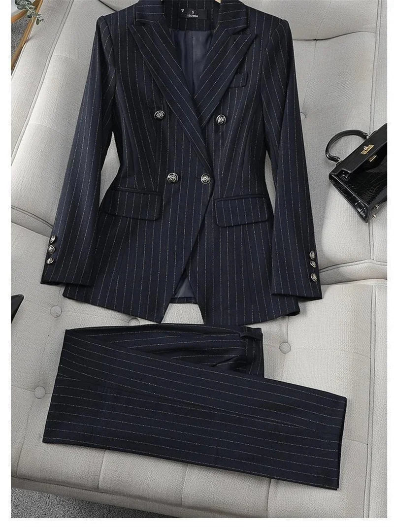 Fashion Autumn Winter Ladies Pant Suit Women Blue Striped Female Business Work Wear Jacket Blazer and Trouser Formal 2 Piece Set