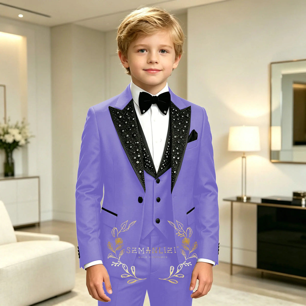 Classic Suits for Boys Black Crystals 3-Piece Fashion Stylish Boy's Tuxedo Formal For Party Outfit For Kids Blazer Vest Pant