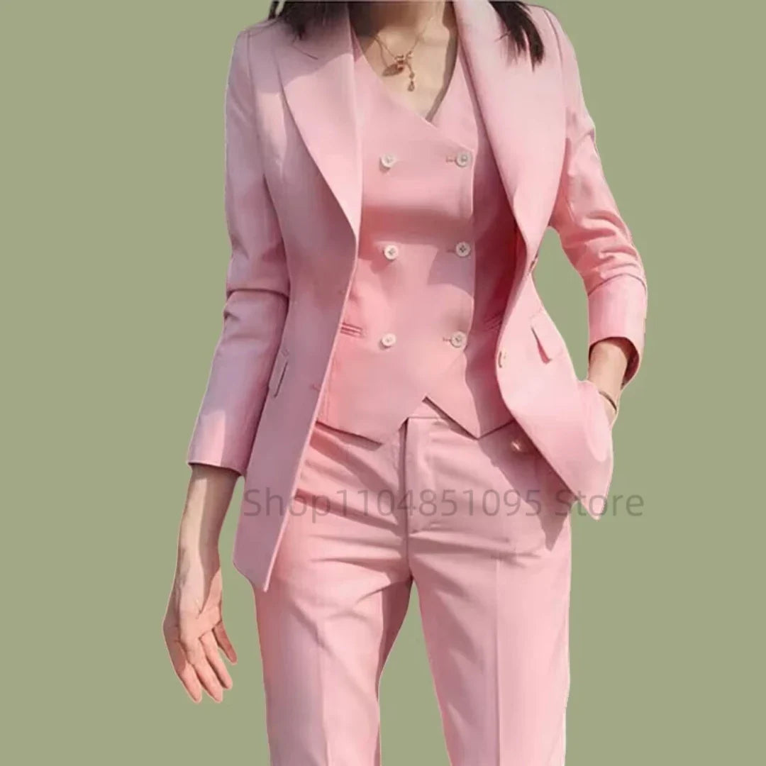 Pink Women Plus Size Suit 3 Piece Single Breasted Slim Fit Temperament Suitable For Business Work Set Jacket Vest With Pants