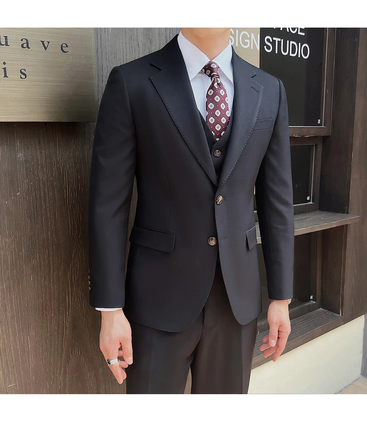 ( Jacket+Vest+Pants ) ltalian Style Luxury High-end Fashion Solid Color Mens Business Slim Suit 3Piece Set Groom Wedding Tuxedo
