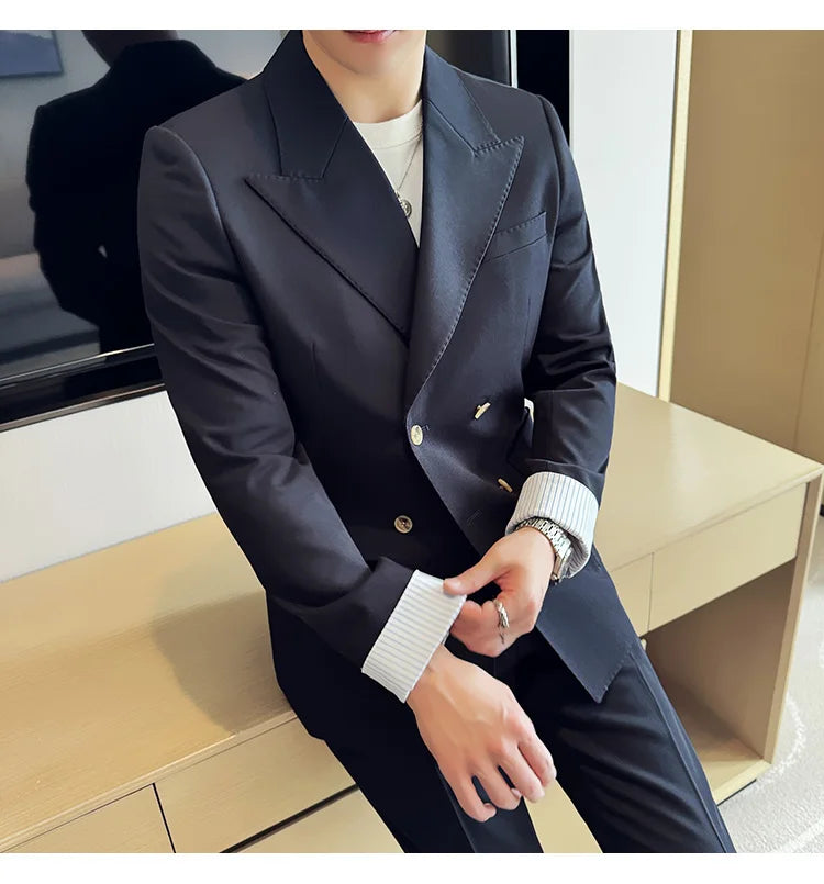 Korean Style Double Breasted Suit Jacket for Men Fashion Casual Business Suit Jackets Office Social Banquet Blazer Masculino