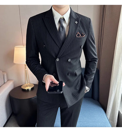 (Jacket + Vest + Pants)Three Piece Set Men Blazers Set stripe Suits Busines Casual Slim Fit Formal Dress Groom Tuxedo Wedding