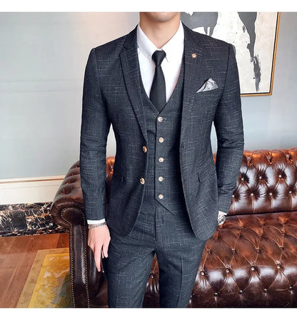 Men's 3-Piece Striped Formal Suit – Blazer, Vest & Trousers | Italian Style Business Gentleman