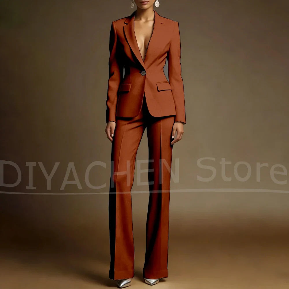 Women's White Suit Set Slim Fit Two Piece Jacket and Wide Leg Pants Office Casual Formal Occasions Elegant Female Outfit