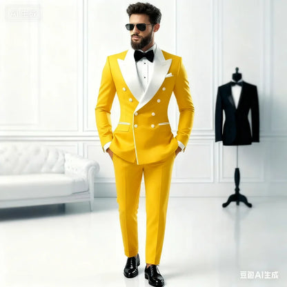 Ensemble décontracté 2 pièces pour homme avec blazer à revers blanc et pantalon noir Costume de mariage pour témoins pour cérémonie et fête