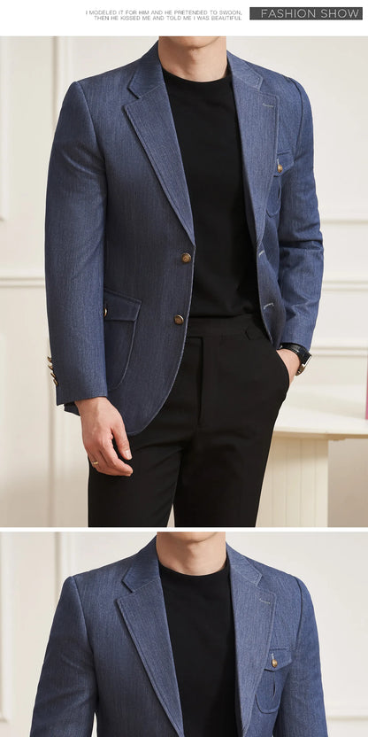High Quality Men's Denim Style Suit Jacket Vintage Luxury Slim Fit Business Fashion Casual Suit Coat Formal Wedding Tuxedos