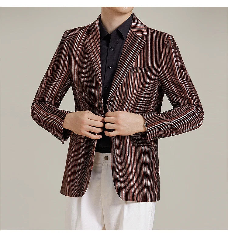 2025 Autumn Winter Velvet Striped Fashion Casual Suit Jacket Slim Fit Versatile Business Blazers Social Wedding Groom Dress Coat