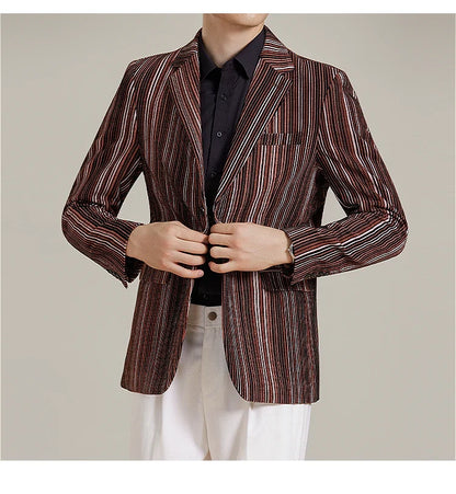 2025 Autumn Winter Velvet Striped Fashion Casual Suit Jacket Slim Fit Versatile Business Blazers Social Wedding Groom Dress Coat