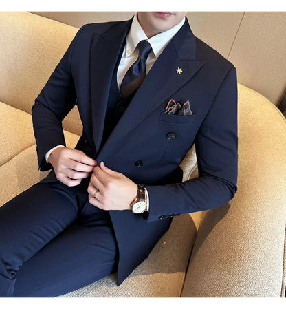 (Jackets+Pants) Luxury Double Breasted Design Slim Fit Suit High Quality Fashion Men's Wedding Social Suit Tuxedo 2 Piece Set
