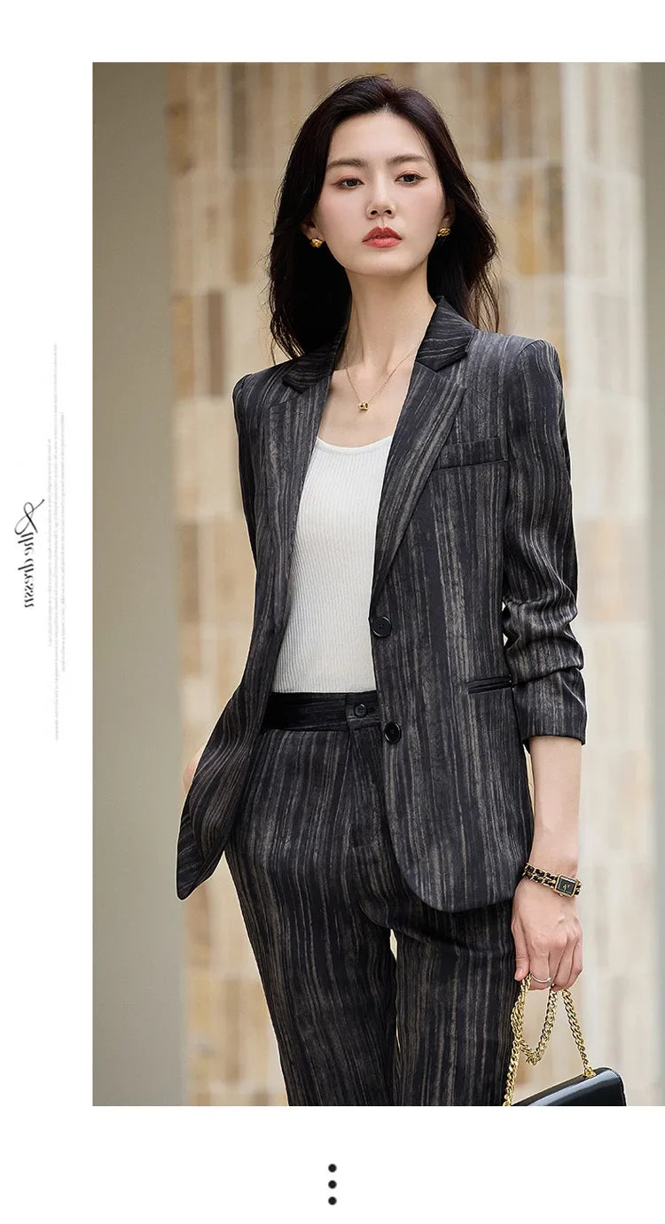 Fashion Women Striped Pants Suit New Spring Business Formal Slim Long Sleeve Thin Blazer and Trousers Office Ladies Work Wear