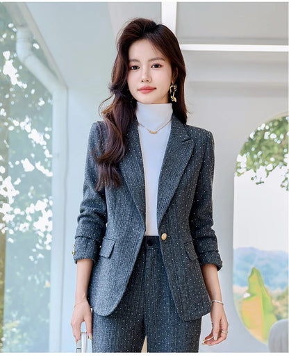 Fashion Women Suits 2024 New Autumn Winter Temprament Business Formal Slim Blazer And Flare Pants Office Ladies Work Wear