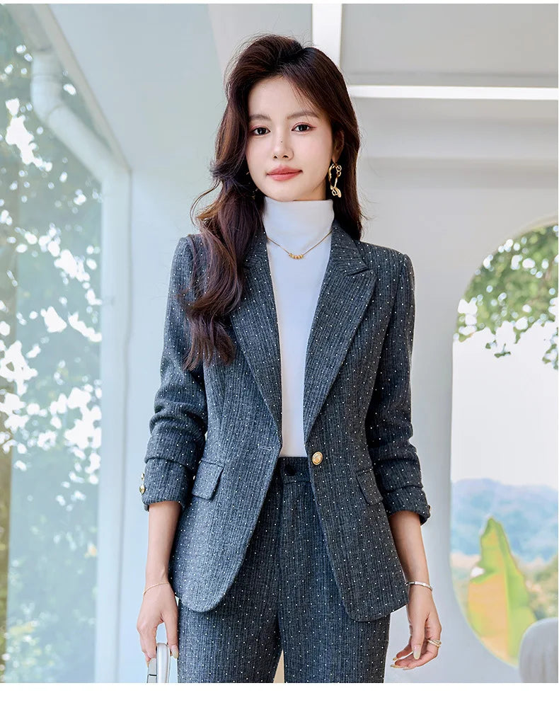 Fashion Women Suits 2024 New Autumn Winter Temprament Business Formal Slim Blazer And Flare Pants Office Ladies Work Wear