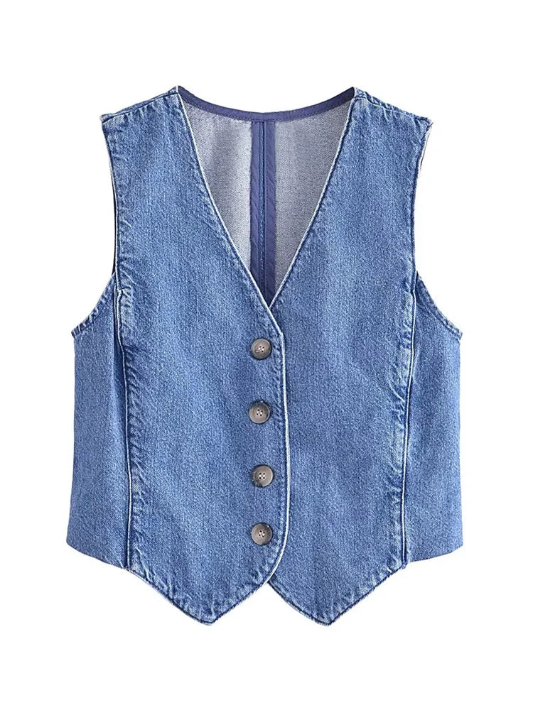 Women Fashion Front Button Denim Waistcoat Vintage V Neck Sleeveless Female Outerwear Chic Vest Tops