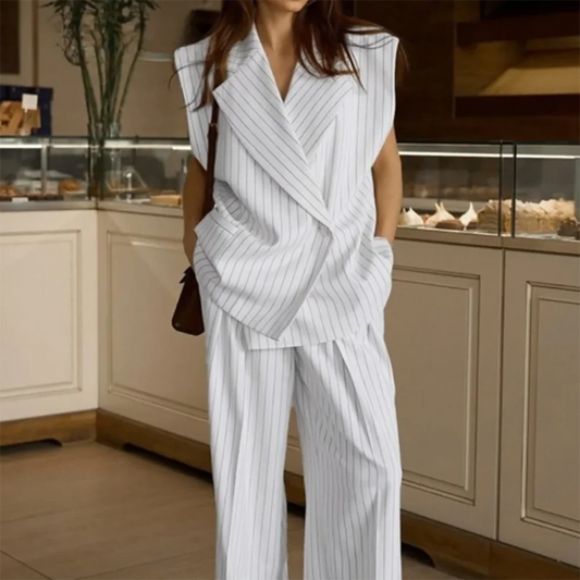 Casual Women's White Pinstripe Sleeveless Jacket Single Breasted Pants Set Daily Smart 2-Piece Suit Office Lady Workwear