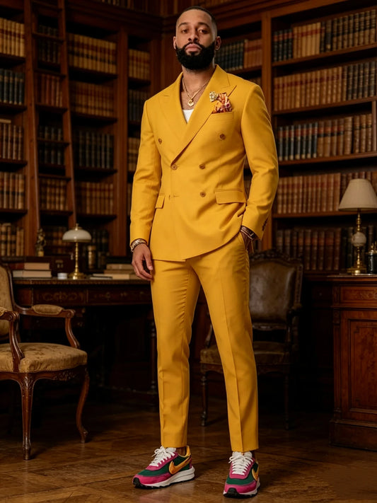 Orange Men's Formal Business Wedding Groom Suits Slim Fit 2-Piece Set Peak Lapel Double Breasted Blazer Pants Set for Party Prom