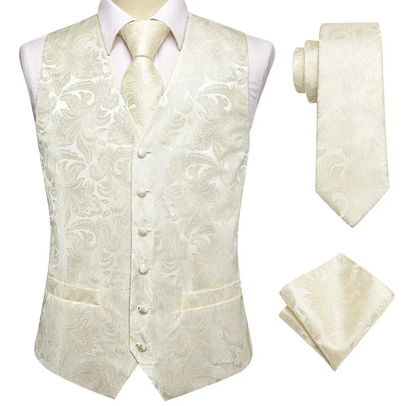 Men's Double Breasted Jacquard Waistcoat Vest Tie Pocket Square Set – Ivory Paisley Wedding & Formal Suit