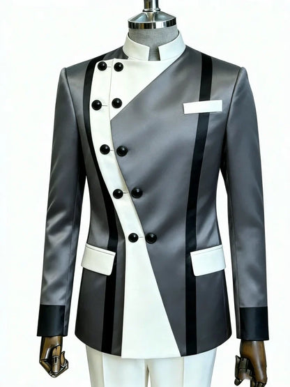 Mens Mandarin Collar Contrast Striped Blazer Slim Fit Asymmetrical Double Button Formal Business Evening Jacket