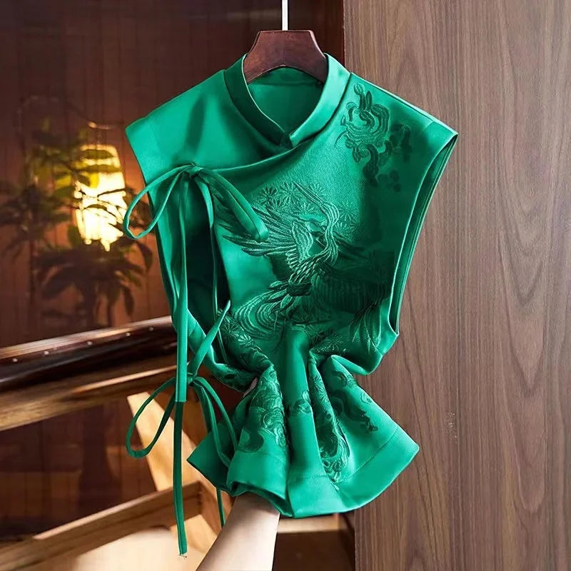2026 Spring Summer Vintage Embroidery Green Lace Chinese Vest Jacket Chinese Style Waistcoats Outerwear Female Sleeveless Jacket