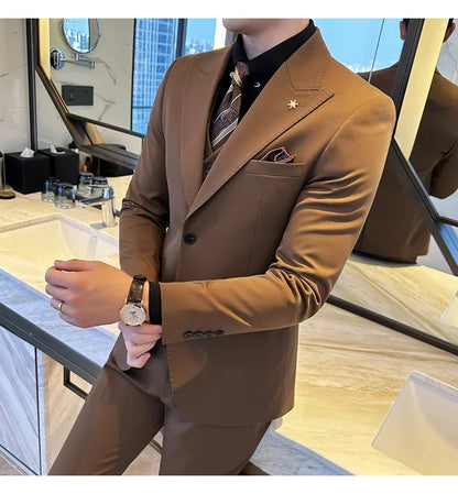 (Blazer + Vest + Trousers) 2024 New Men Formal Business Solid Suit 3 Pieces Set Italian Style Luxury Wedding Social Party Tuxedo