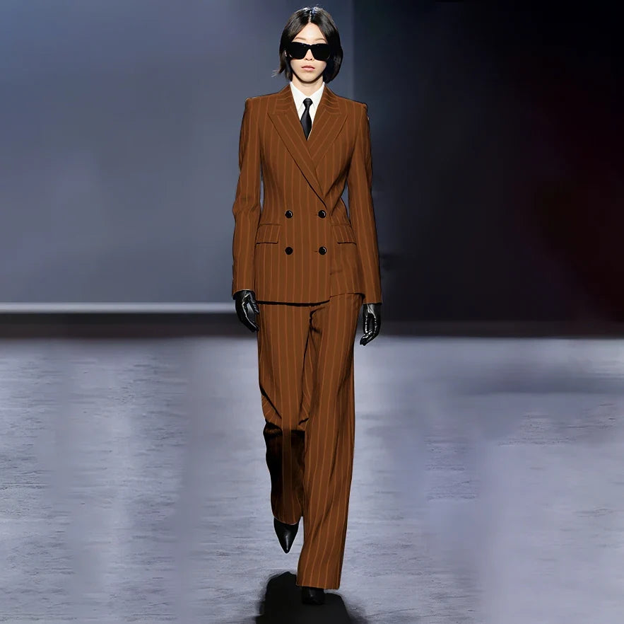 Dark Blue Stripes Women Suit Customized Double-breasted Peak Lapel Two Pieces(Jacket+Pants) Business Office Lady Competent Set