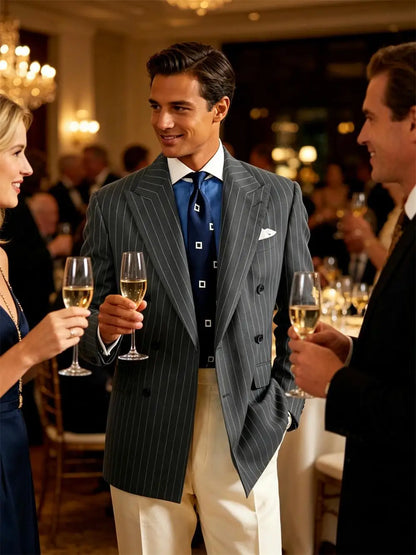 Navy Blue Striped Pattern Business Suit Jacket Double Breasted Slim Fit Blazer Casual Formal Attire Office Groom's Wedding Dress