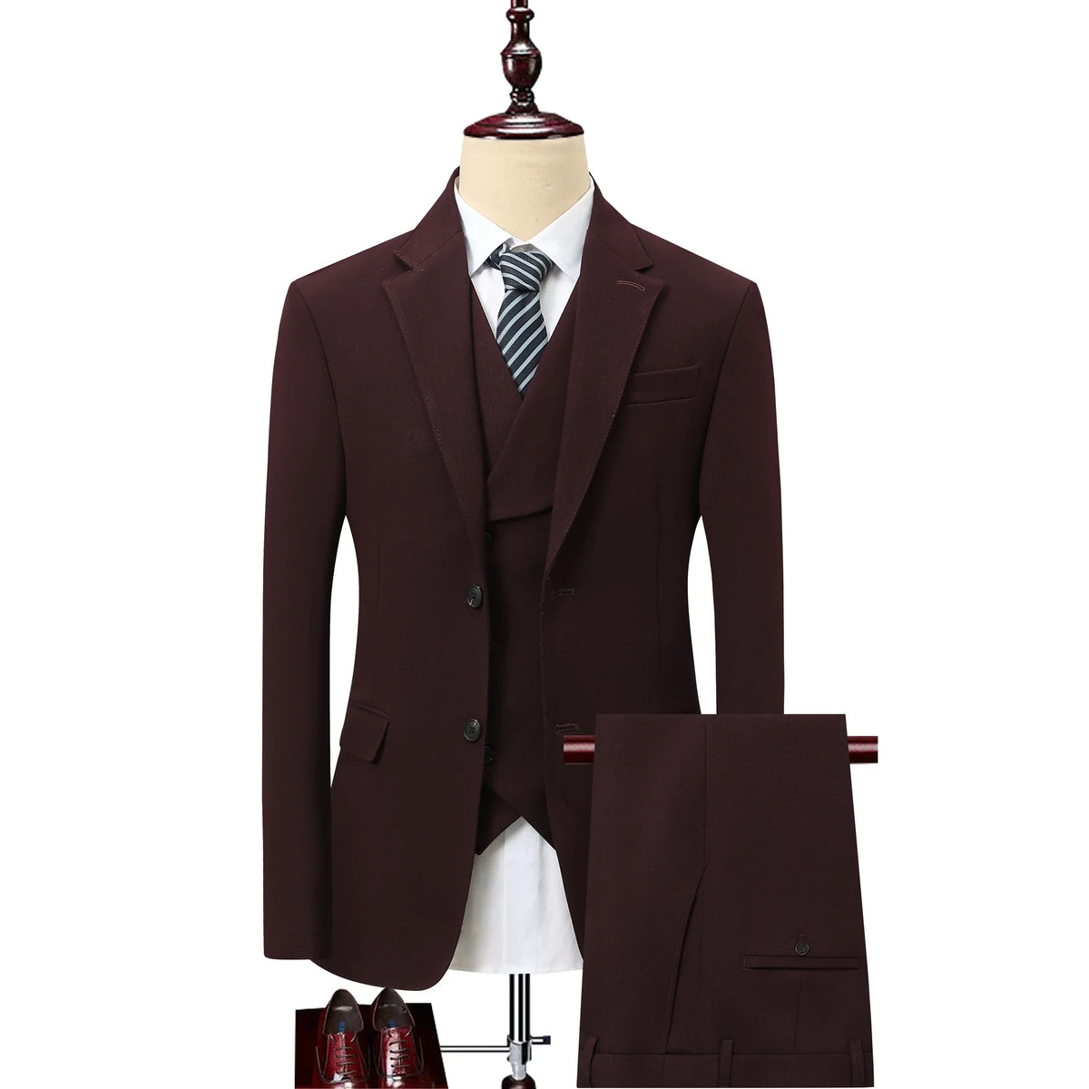 Men's 3-Piece Wedding Suit – Single Breasted Smart Casual Suit for Men – Burgundy, Navy Blue, Black, Dark Grey