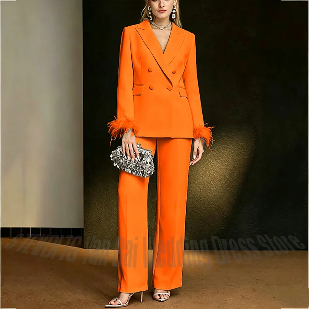 Luxury White Feather Women's Suit Elegant Classic Double Breasted Jacket Pants Formal Evening Party Wedding Guest Outfit