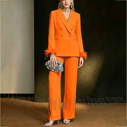 Luxury White Feather Women's Suit Elegant Classic Double Breasted Jacket Pants Formal Evening Party Wedding Guest Outfit