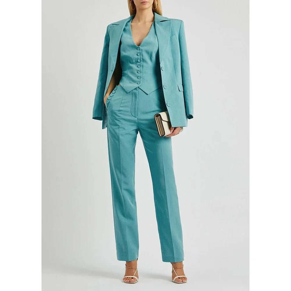Slate Green Women's Suit Customized Elegant Single-breasted Peaked Lapel Three Pieces (Jacket+Pants+Vest) Office Lady Set