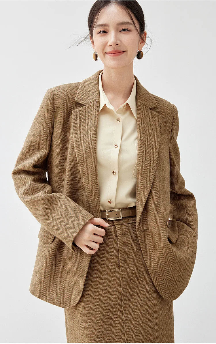 Wool Blend Tailored Blazer Coat Women Winter Straight Jacket 2026 England Style Fashion Female Outerwear 144X57016