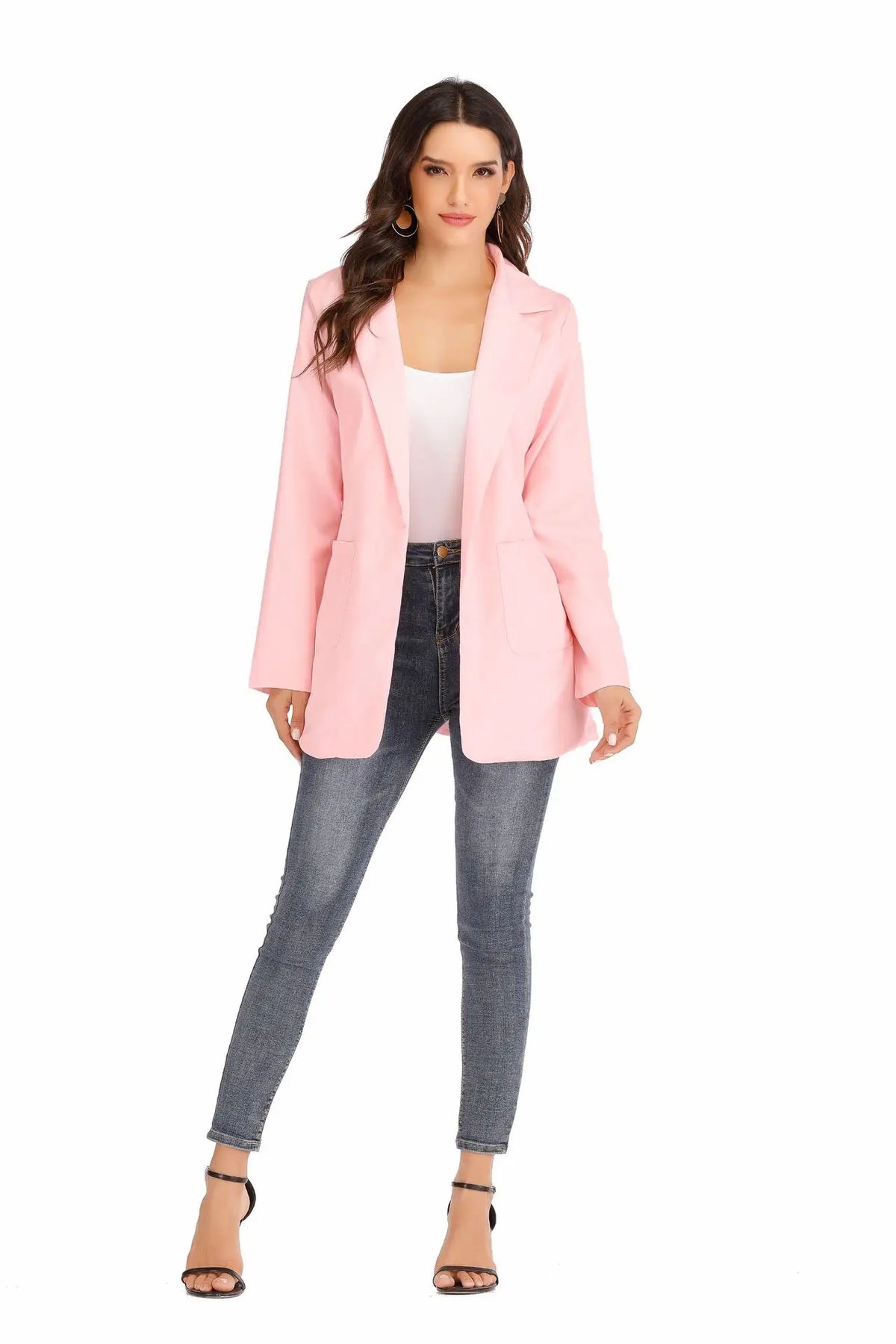 Women's Casual Blazer Notched Lapel Long Sleeve Open Jacket with Pockets Slim Fit Spring Autumn Office Lady Streetwear Coat