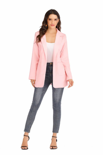 Women's Casual Blazer Notched Lapel Long Sleeve Open Jacket with Pockets Slim Fit Spring Autumn Office Lady Streetwear Coat