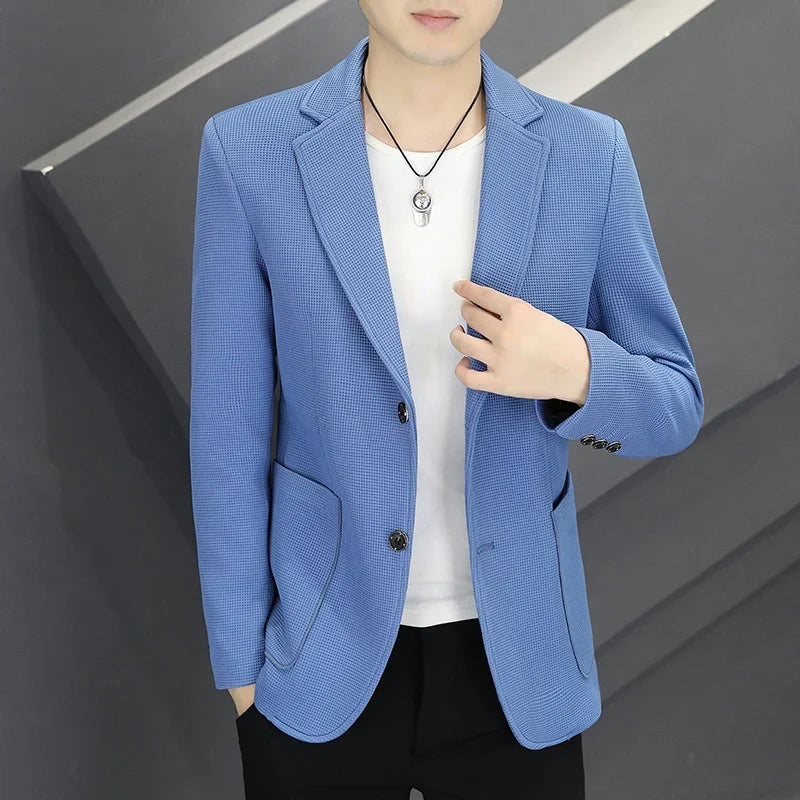 Men's Casual Blazer Two-Button Waffle Pattern for Spring Autumn