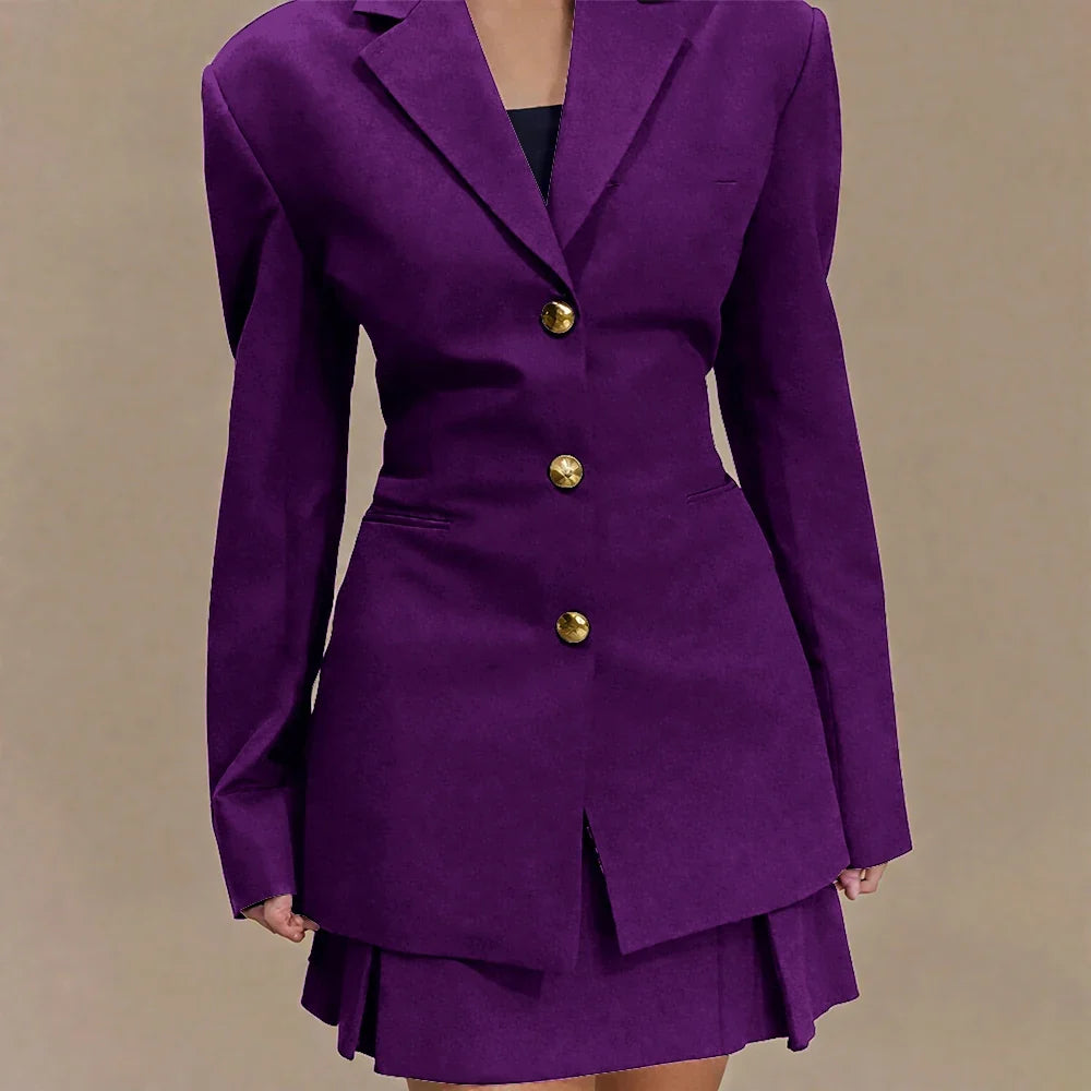 Women's Pleated Skirt Suit Set 2025 2Pieces(Tailored Blazer&High Waist Skirt) Office Chic Single-breasted Notch Lapel Outfit