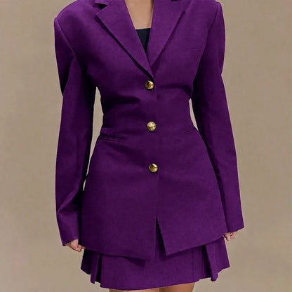 Women's Pleated Skirt Suit Set 2025 2Pieces(Tailored Blazer&High Waist Skirt) Office Chic Single-breasted Notch Lapel Outfit