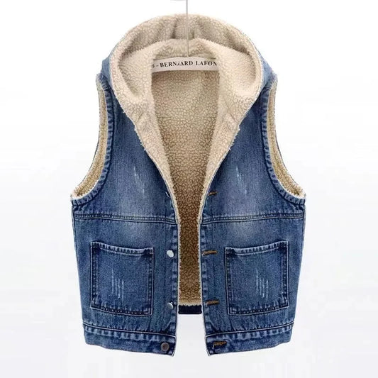 Autumn Winter Female Fashion Fleece Denim Vest Coat Retro Lady Hooded Sleeveless Jeans Tops Women Warm Cowboy Waistcoat Jacket
