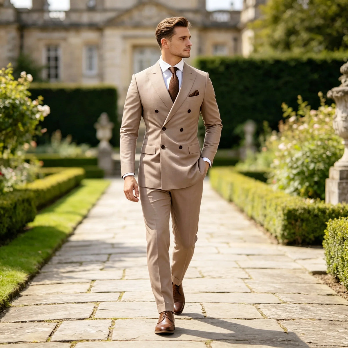 Elegant Beige Men's Suits 2 Piece Set Peak Lapel Double Breasted Blazer Pants Business/Wedding Tuxedos Male Prom Party Men Suits