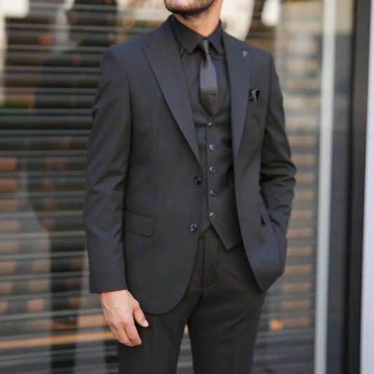 Men Suit Black 3 Pieces Single Button With Lapel For Wedding Groom Birthday Banquet Party Business Work Office Jacket Vest Pants