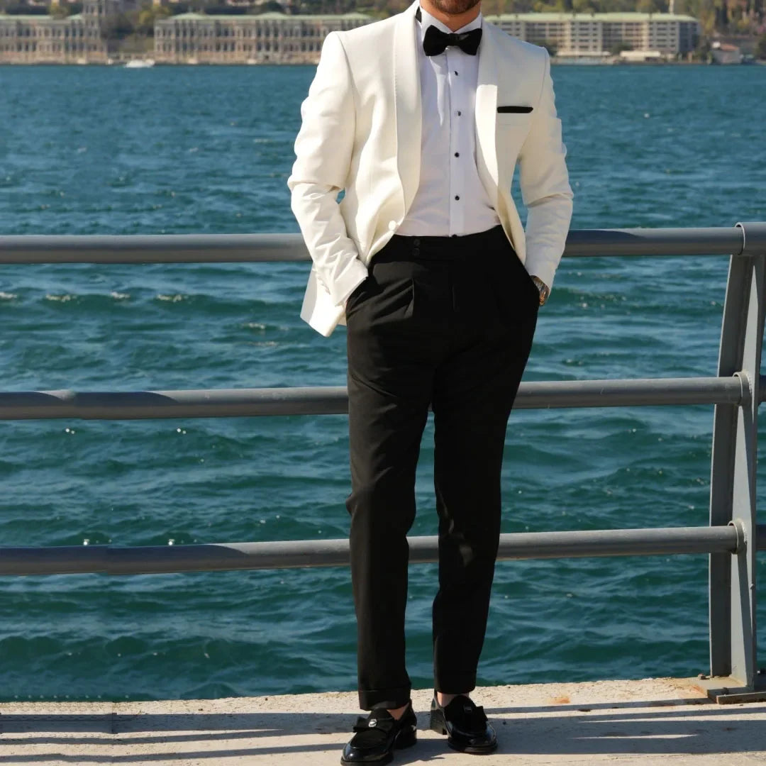 Men Suit 2 Pieces White Black With Lapel Single Button For Wedding Business Banquet Party Office Daily Work Jacket And Pants