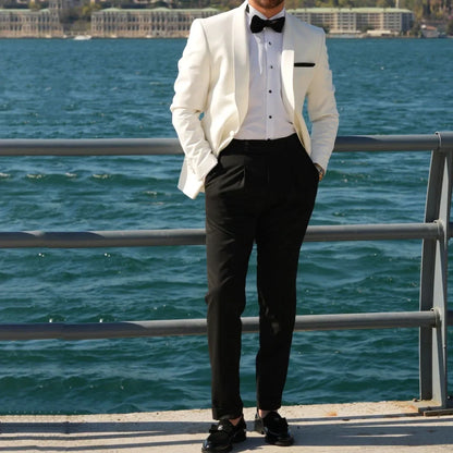 Men Suit 2 Pieces White Black With Lapel Single Button For Wedding Business Banquet Party Office Daily Work Jacket And Pants