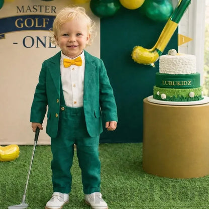 Emerald Green Linen Boys Suit Two Piece Fashion Kids Birthday Party Outdoor Garden Wedding Page Boy Daily Casual Outfit