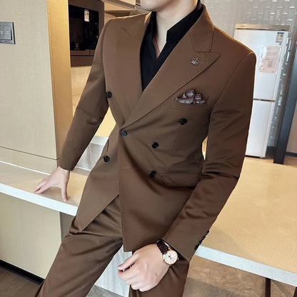 (Blazer + Trousers) Fashion Double Breasted Design Slim Men's Suit Italian Style Luxury Wedding Social Party Tuxedo 2 Piece Set