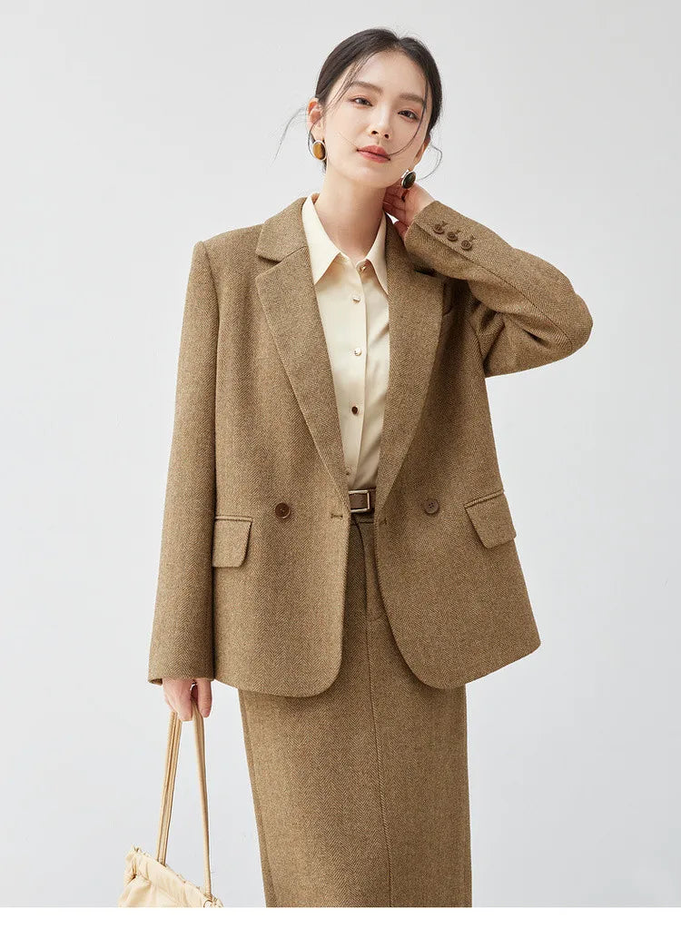 Wool Blend Tailored Blazer Coat Women Winter Straight Jacket 2026 England Style Fashion Female Outerwear 144X57016